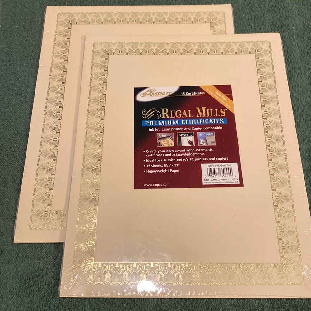 NWT  Two packages Premium Certificates, 15 sheets each